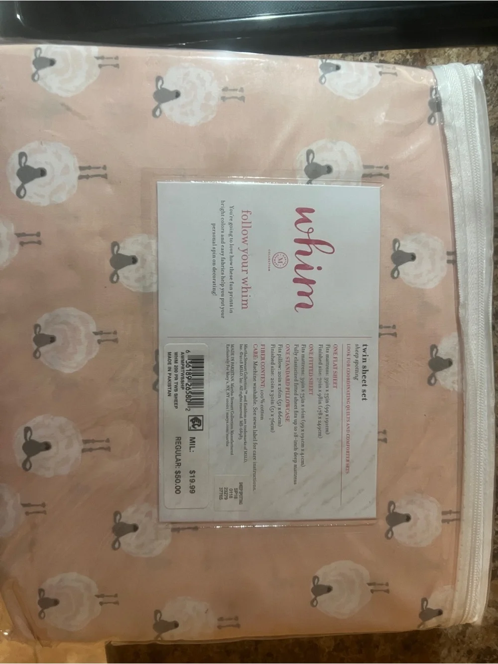 Whim Twin Sheet Set – Pink Sheep Print | 100% Cotton | 200 Thread Count | NWT